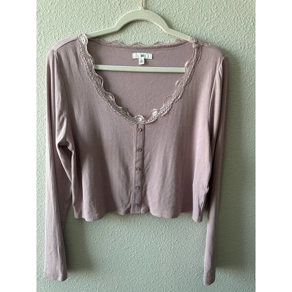 BP. Lace Detail Button Front Rib Top - Picture 3 of 10